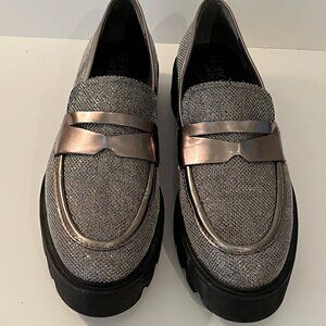Franco Sarto Balin Platform Penny Loafer Silver Metallic Knit with Lug Sole 9.5M